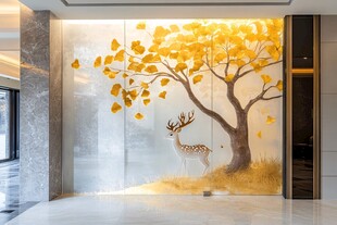 玄关处的金树灵鹿艺术墙