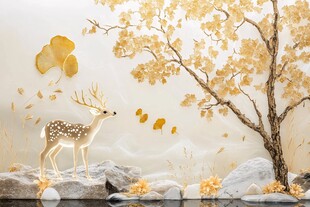 金色银杏旁的梦幻小鹿