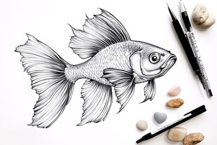 手绘金鱼图及绘画工具