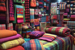 多彩缤纷的织物店内景象