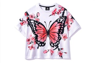 蝴蝶花卉印花白色短袖T恤