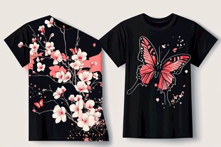 樱花蝴蝶印花黑色T恤