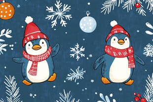 可爱企鹅的冬日圣诞场景