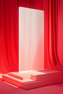 红色幕布前的立体展示台