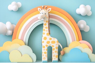 长颈鹿在彩虹云朵的梦幻场景