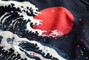 海浪红日图案的个性T恤
