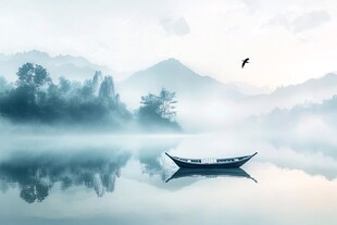 雾中孤舟伴飞鸟山水景