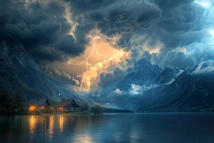 闪电划破湖畔暗夜美景