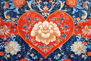 中式心形花卉刺绣图案