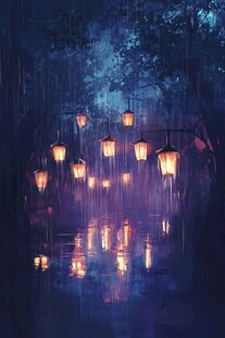 雨夜灯笼朦胧之景