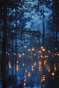 雨夜森林中的闪烁暖光