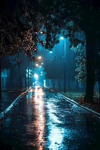 雨夜街道的静谧光影
