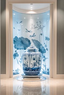 中式玄关处的青花瓷瓶美景