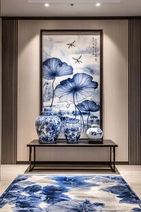 中式厅内蓝白瓷瓶与荷花画