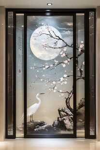 中式花鸟月亮玄关装饰画