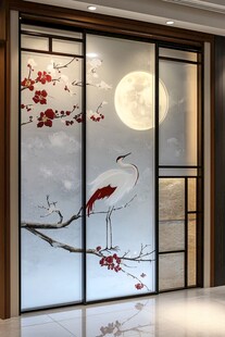 中式屏风 鹤立梅枝映圆月