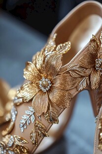 金色花卉镶钻奢华高跟鞋