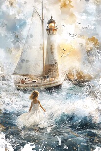 少女望海畔帆船灯塔之景