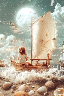 女孩乘帆船遨游梦幻海洋