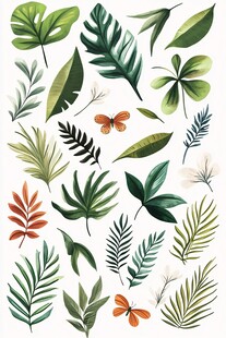 多彩植物叶片与蝴蝶插画