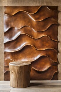 波浪纹理铜质墙面与木凳