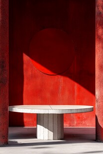 红墙下的简约圆形石桌