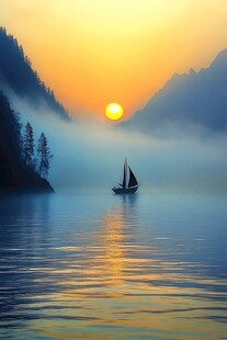 湖上日出帆船景