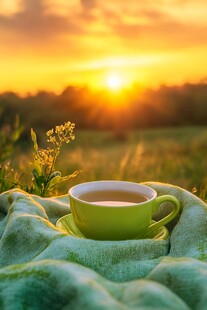 夕阳下的惬意茶杯时光