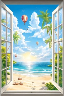 窗外夏日海滩梦幻美景