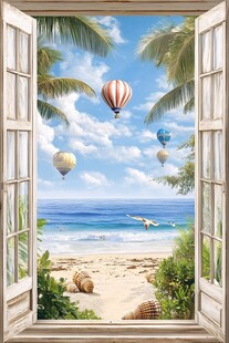 窗外夏日海滩热气球美景