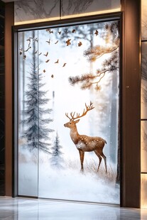 雪林驯鹿飞鸟玻璃艺术画