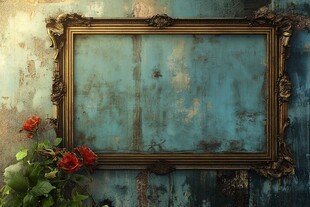 复古画框旁的娇艳红玫瑰