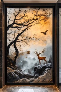 鹿栖山林间 飞鸟伴夕阳