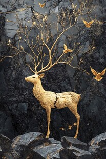 金色麋鹿与飞鸟艺术场景
