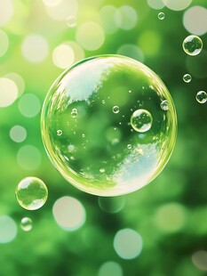 绿色背景下的梦幻肥皂泡