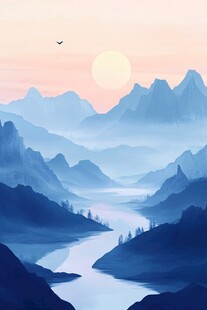 夕阳下的山水壮丽景观