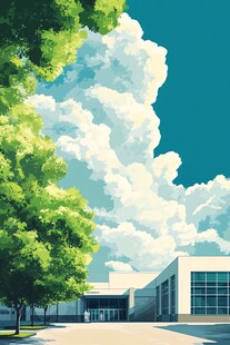 校园晴空下的绿意建筑