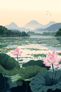 夏日荷塘山水诗意美景