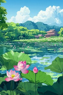 湖畔荷花与古典建筑美景