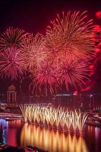 城市夜空绚烂烟花绽放