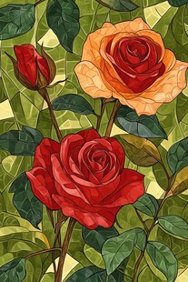 三朵玫瑰与绿叶的美丽图景
