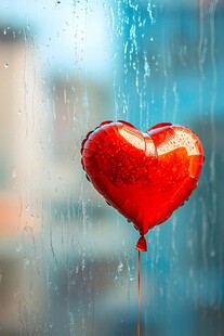 雨中红心气球的浪漫瞬间