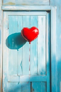 蓝色门前的红心气球