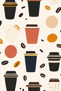 可爱咖啡杯与咖啡豆图案