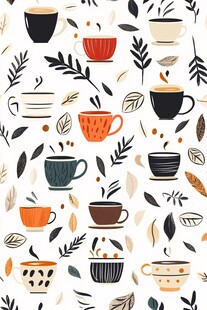 手绘咖啡杯与枝叶图案背景
