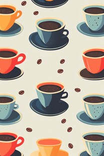 多彩咖啡杯与咖啡豆图案