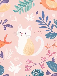 猫咪与花鸟植物的梦幻图案