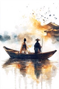 水墨画中乘船的古风人物