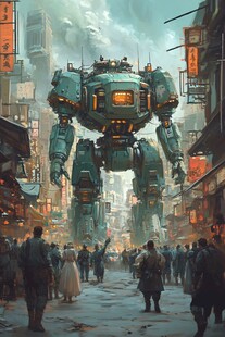 巨型机甲现身未来都市街头