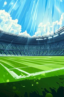 阳光照耀下的大型绿茵足球场